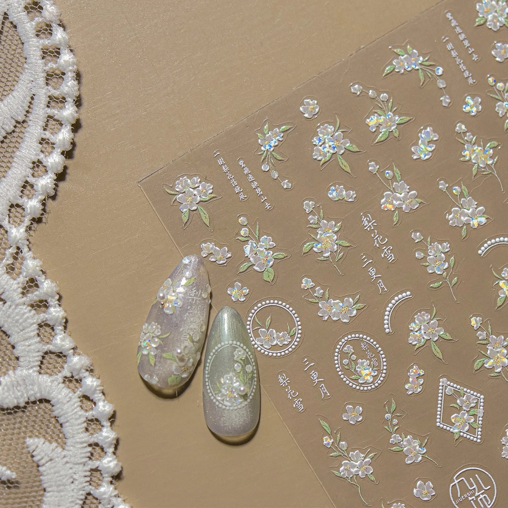 Pink Peach Blossom Flower White Pear Romantic Archaistic Swallow Window Adhesive Nail Art Stickers Rhinestone Manicure Decals (ONLINE ORDER ONLY)