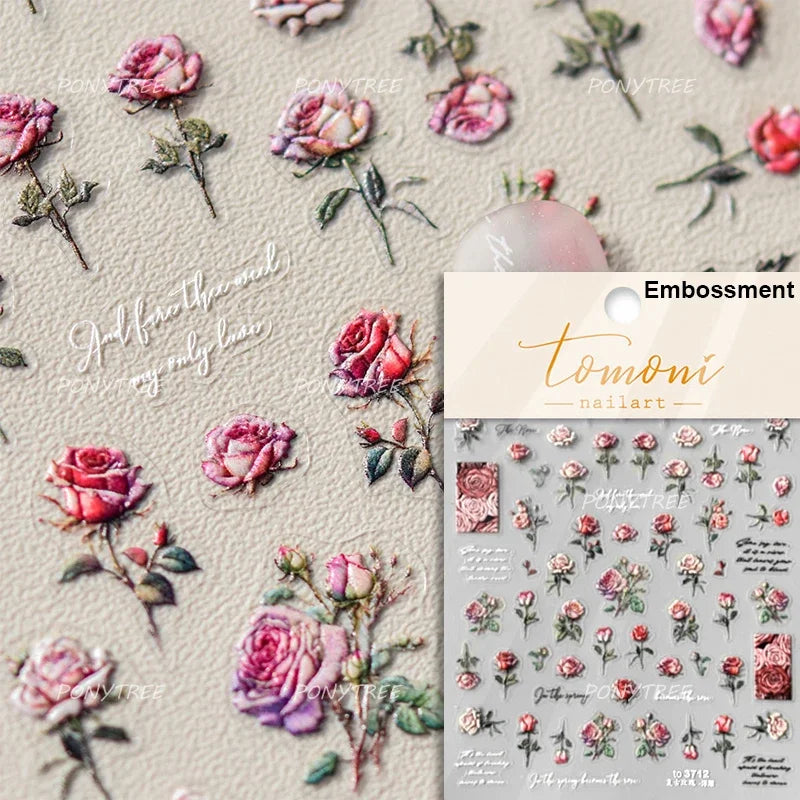 Rose Flower Bouquet Leaves Lace Bowknot Pearl Photo Frame Gird Embossed Reliefs Self Adhesive Nail Art Stickers Manicure Decals (ONLINE ORDER ONLY)