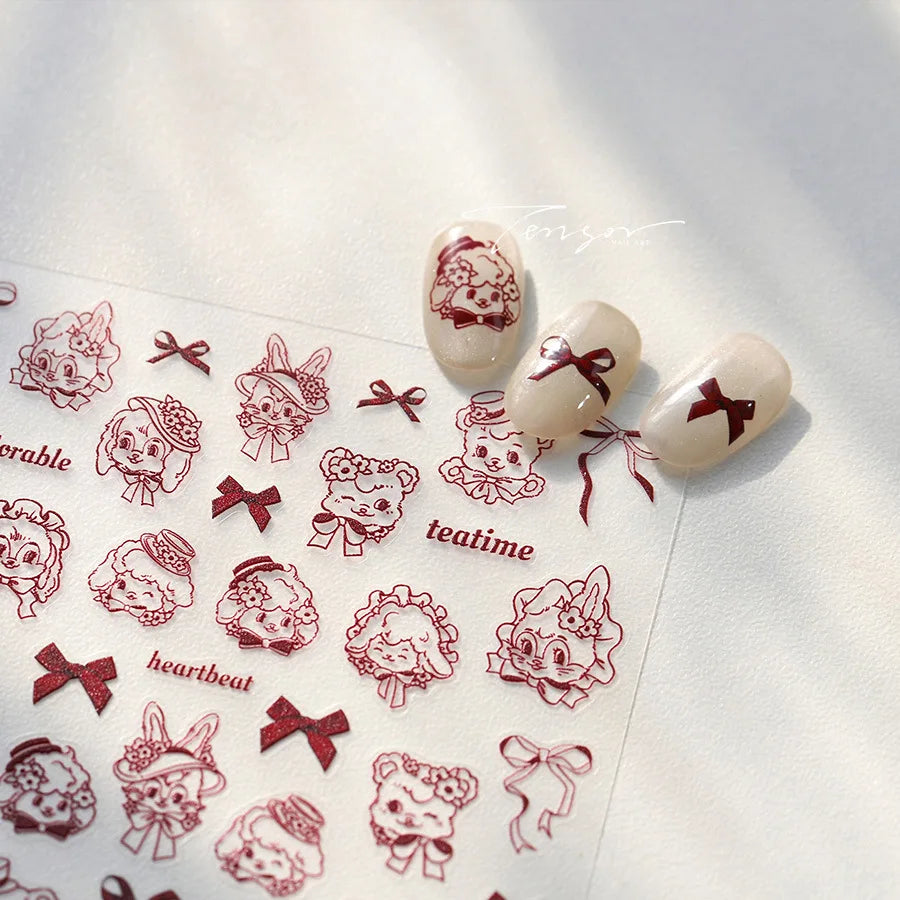 Cute Pet Creamy Rabbit Bear Dog Ribbon Bowknot Lamb Red Painted Heartbeat Flowers Adhesive Nail Art Stickers 3D Manicure Decals (Online Order Only)