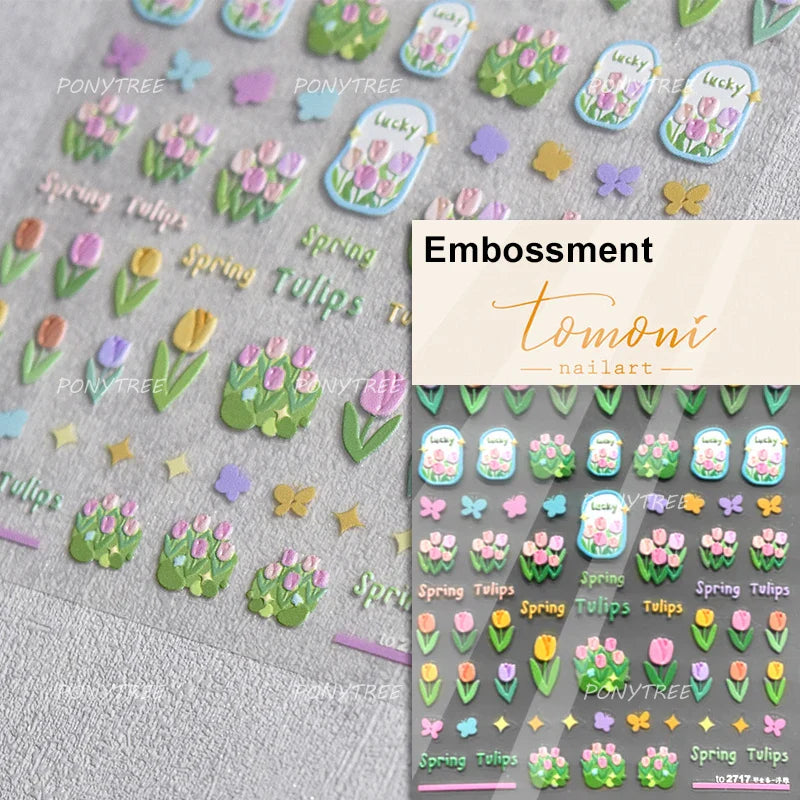 Cute  Pink Blue Nature Tulip Star Heart Butterfly Peach Blossom Jelly Embossed Relief Adhesive Nail Art Stickers Manicure Decals (ONLINE ORDER ONLY)