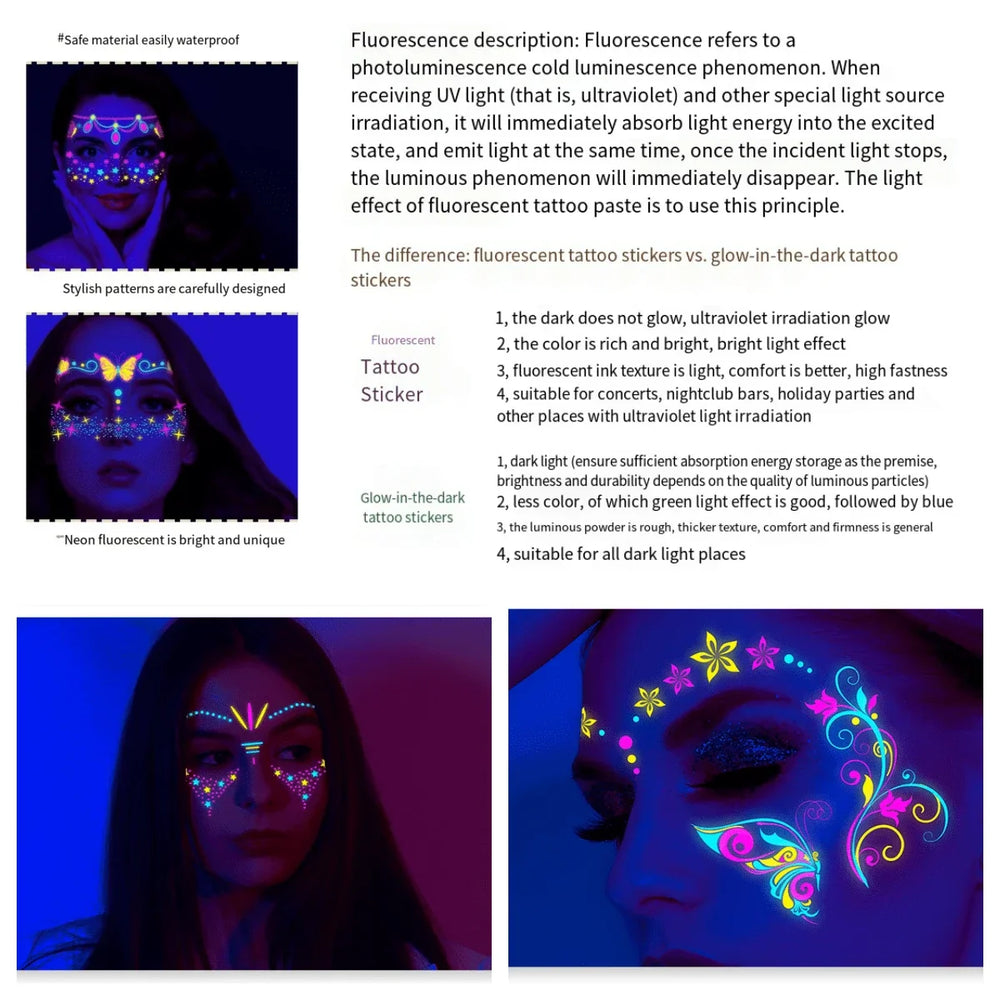 1pc Bohemia Fluorescent Sticker Luminous Temporary Tattoos Stickers UV Glow Fluorescent Tattoo Waterproof For Body Art Decals *& (Online Order Only)