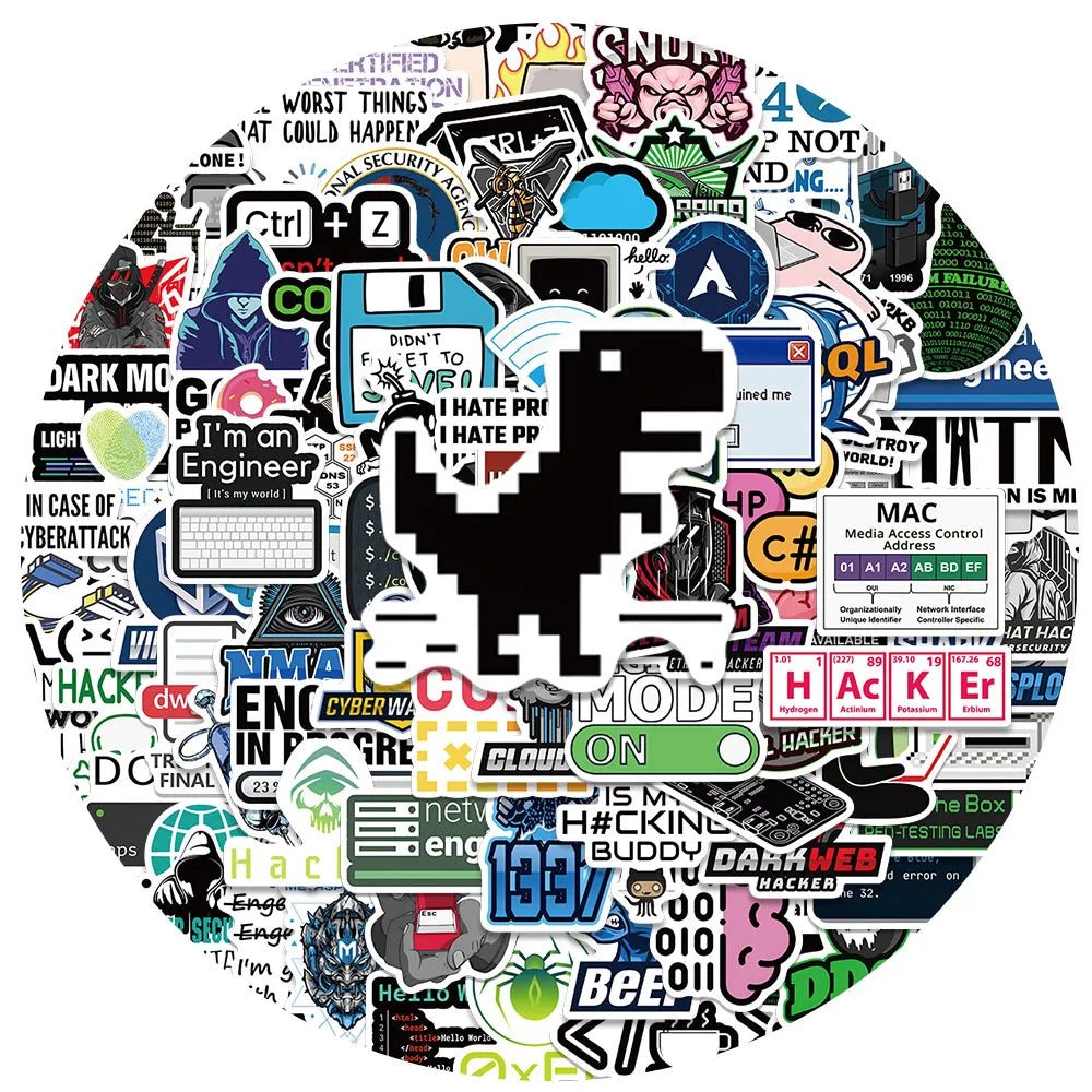 50/100pcs Network Hacker Programming Stickers Funny Cartoon IT Engineer Computer Sticker Luggage Laptop Guitar Phone Decals (Online Order Only)