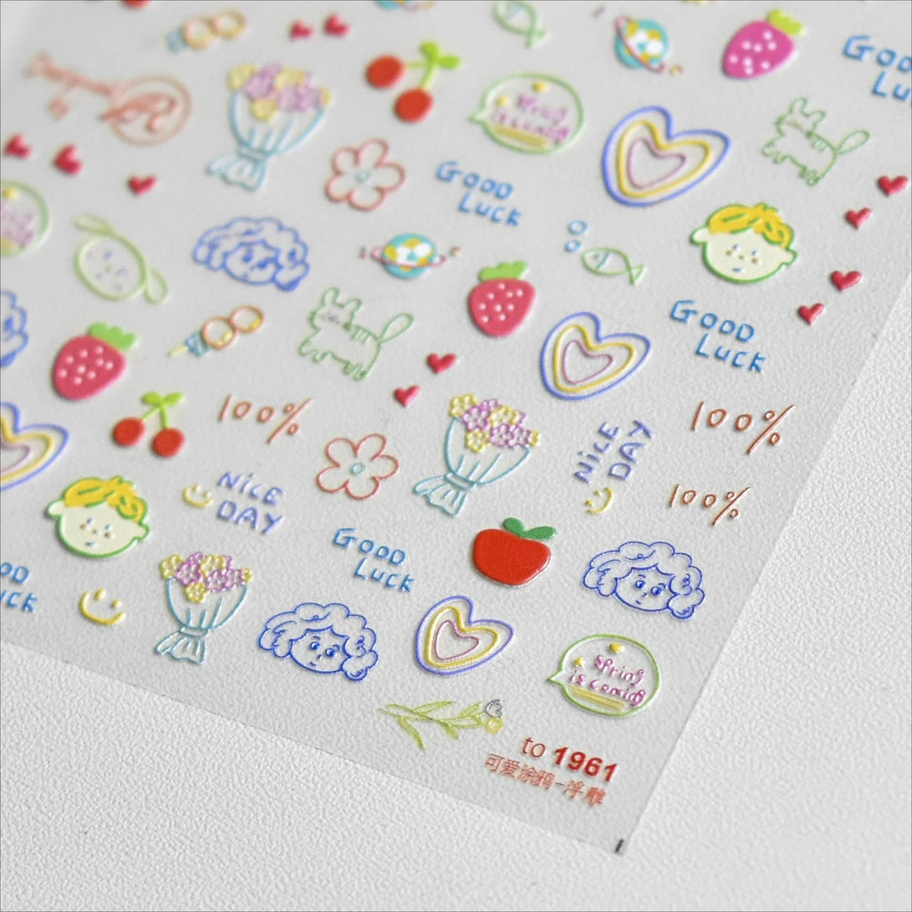 Cute Graffiti Cartoon Line Cherry Bear Cat Flower Bouquet Fish Boys Girls Strawberry Reliefs Nail Art Stickers Manicure Decals (ONLINE ORDER ONLY)