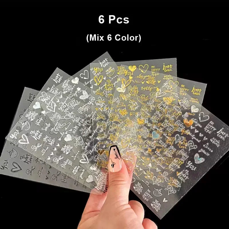 6Pcs Laser Gold Silver 3D Nail Art Stickers Heart Letter Nail Decoration DIY Foils (ONLINE ORDER ONLY)