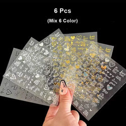 6Pcs Laser Gold Silver 3D Nail Art Stickers Heart Letter Nail Decoration DIY Foils (ONLINE ORDER ONLY)