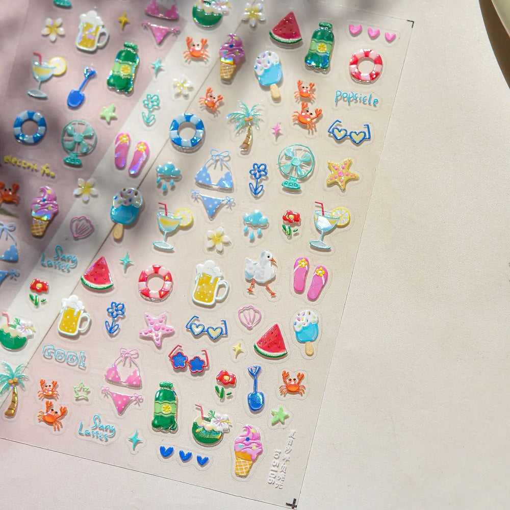 Summer Beach Bikini Watermelon Cat Popsicle Swim Ring Ice Cream Shell Coconut Tree Nail Art Decoration Stickers Manicure Decals (Online Order Only)