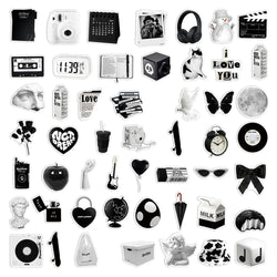 10/30/50PCS Ins Style Simple Black White Stickers Cute Decals DIY Phone Suitcase Luggage Fridge Helmet Graffiti Cartoon Sticker (ONLINE ORDER ONLY)