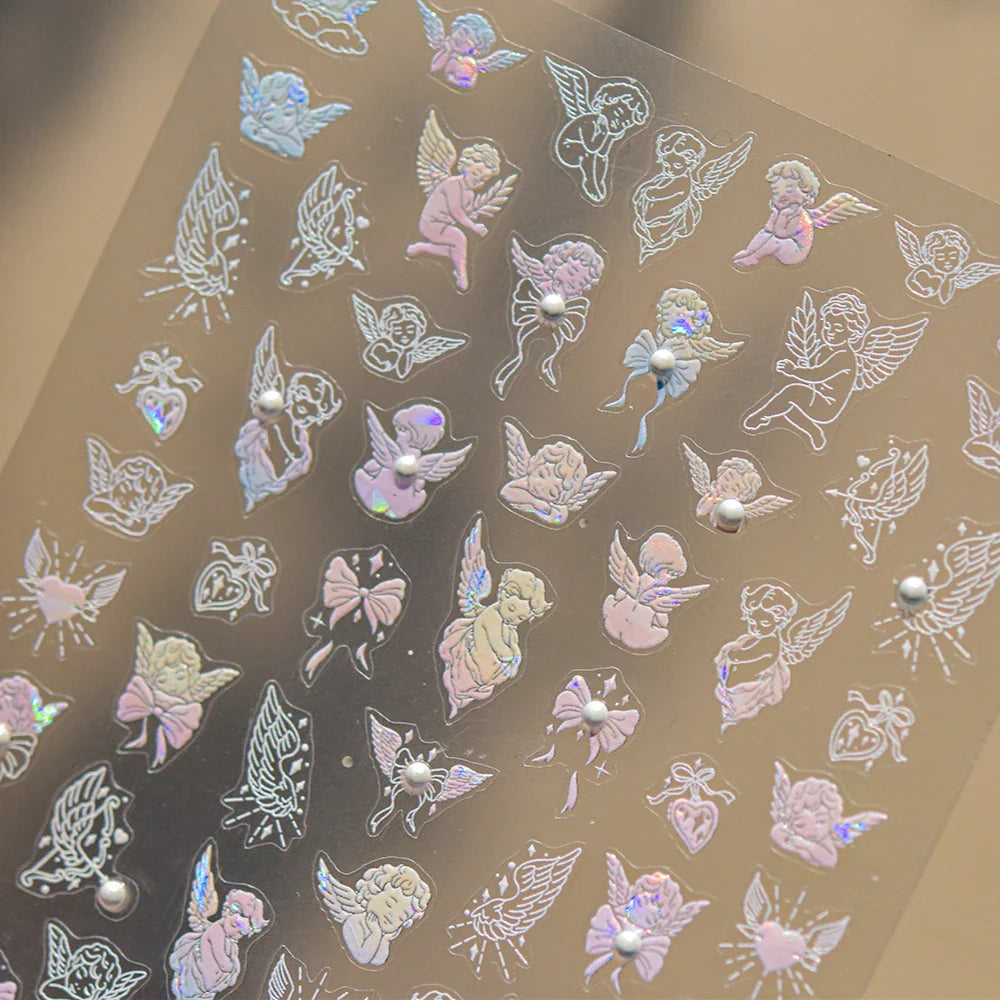 White Pink Baby Child Angel Wing Heart Bowknot Leaves Key Star Cupid's Arrow Archery Adhesive Nail Art Stickers Manicure Decals (ONLINE ORDER ONLY)