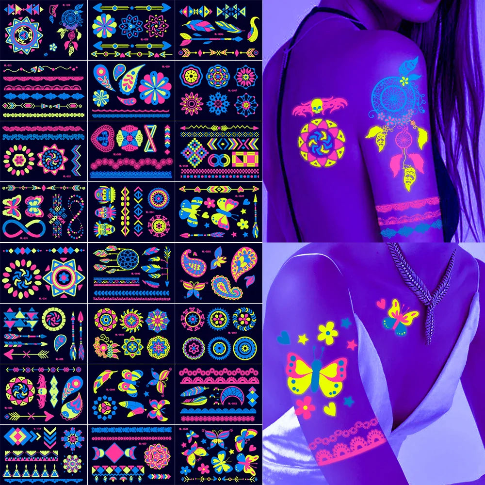 1pc Bohemia Fluorescent Sticker Luminous Temporary Tattoos Stickers UV Glow Fluorescent Tattoo Waterproof For Body Art Decals *& (Online Order Only)