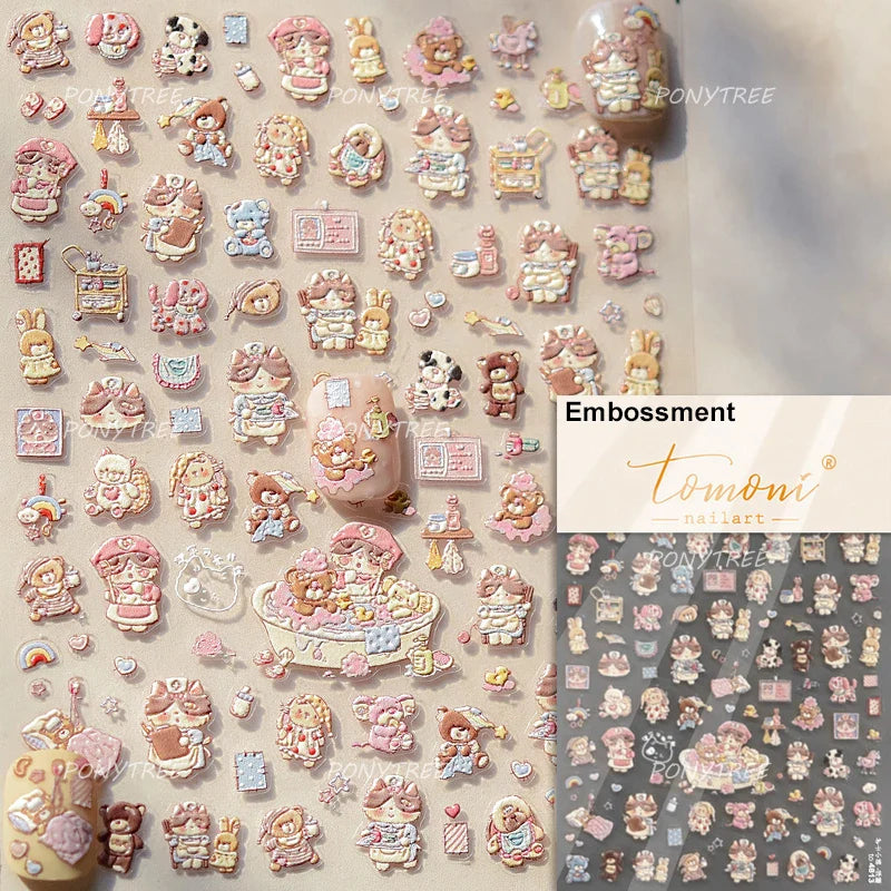 Cream Wind Cat Rabbit Kitten Bunny Bowknot Flower Butterfly Cake Cherry Tulip 5D Self Adhesive Nail Art Stickers Manicure Decals (Online Order Only)