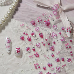 Cute Pink Tempting Strawberries Attractive Fruit Cutting Line Bowknot Star Silver Stamping Chic Nail Art Stickers Manicure Decal (ONLINE ORDER ONLY)