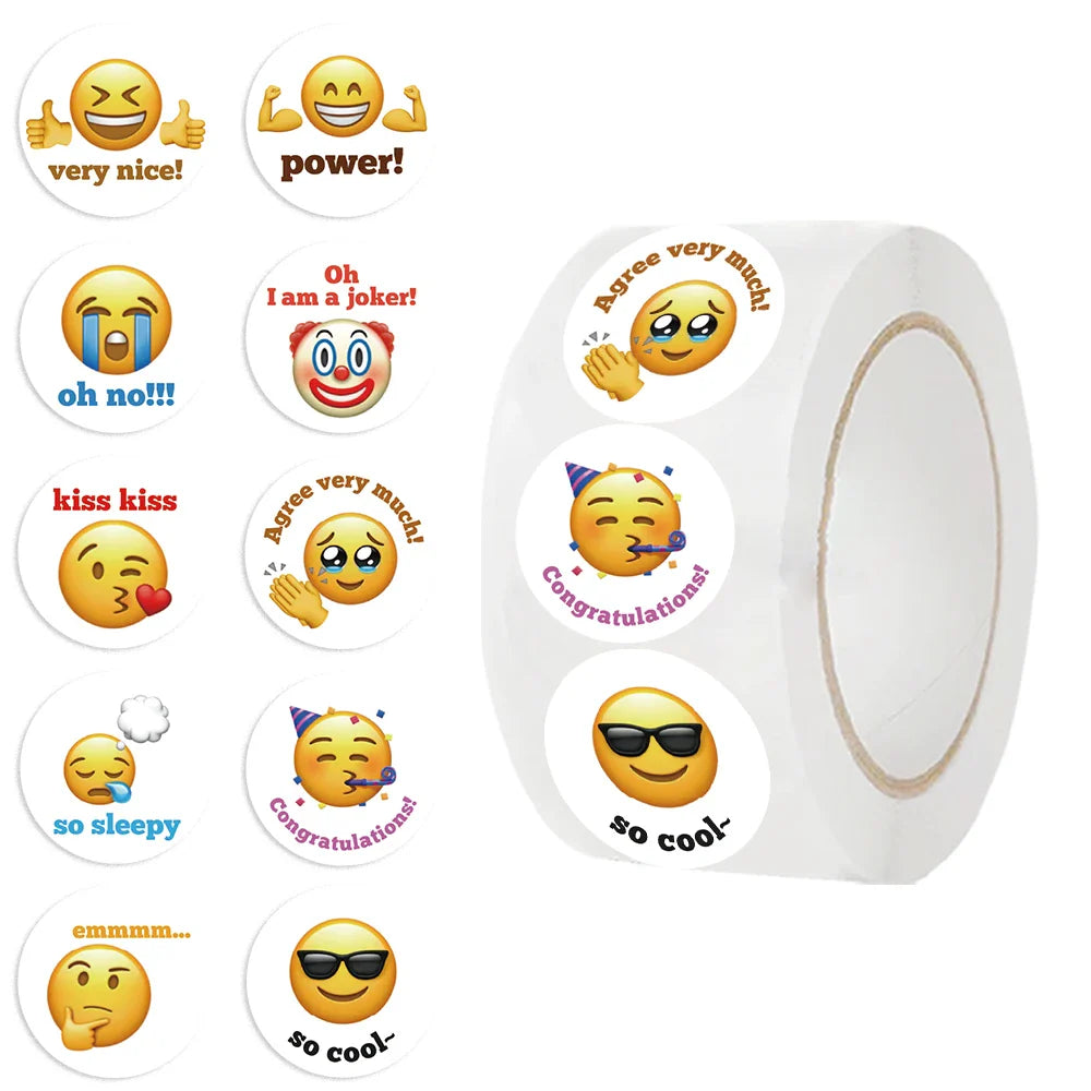 500Pcs/Roll Cartoon Funny Smile Face Expression Reward Stickers 10 Designs Round For PC Pad Fridge Gift Diy Decor Sticker (Online Order Only)