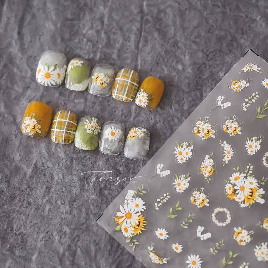 White Daisy Sunflower Green Leaves Wreath Garland Flower Cluster Bouquet Flat Adhesive Nail Art Sticker Manicure Decals Supplies (Online Order Only)