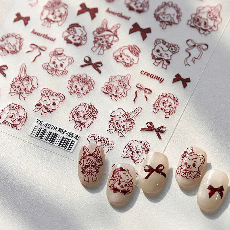 Cute Pet Creamy Rabbit Bear Dog Ribbon Bowknot Lamb Red Painted Heartbeat Flowers Adhesive Nail Art Stickers 3D Manicure Decals (Online Order Only)