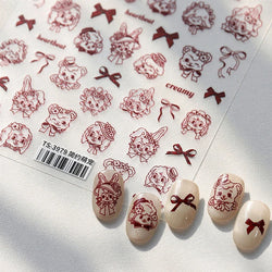 Cute Pet Creamy Rabbit Bear Dog Ribbon Bowknot Lamb Red Painted Heartbeat Flowers Adhesive Nail Art Stickers 3D Manicure Decals (Online Order Only)