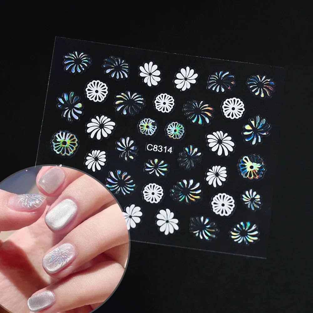 30Pcs Laser Silver/White Flowers Hearts Nail Sticker Star/Moon Mixed Shapes Design Self-adhesive Sticker Acrylic Manicure Access (Online Order Only)