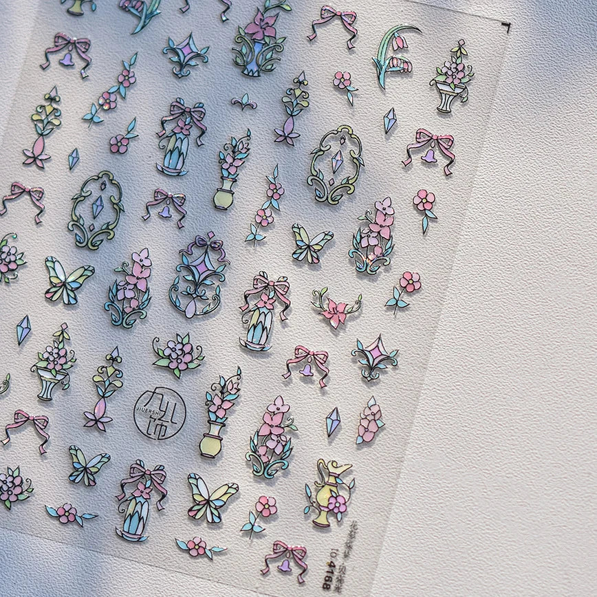 Retro Shiny Glazed Rococo Flower Window Dreamy Butterfly Geometric Frame Stamp Embossed Reliefs Nail Art Stickers Manicure Decal (Online Order Only)