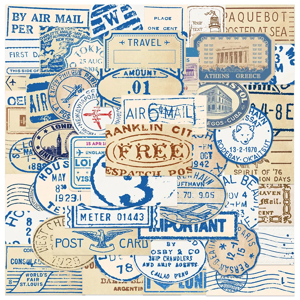 50PCS Travel Stamp Stickers Waterproof for Journal, Phone, Luggage, Laptop, Scrapbook (Online Order Only)