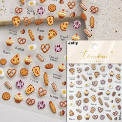 Colorful Food Pudding Alkali Water Bowknot Cream Fork Cup Bread Jelly Fruit Cartoon Cake Relief Nail Art Sticker Manicure Decals (ONLINE ORDER ONLY)