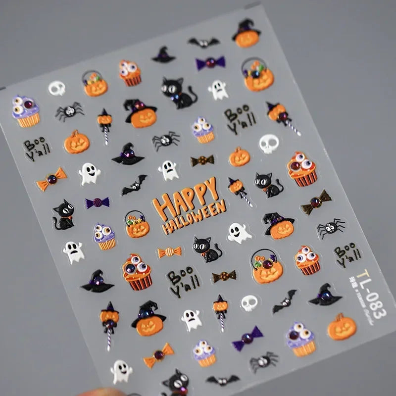 Cat Eye Halloween Terror Spider Cross Rose Love Heart Flower Snake Web Candy Bunny Thrilling Nail Art Stickers Manicure Decals (Online Order Only)