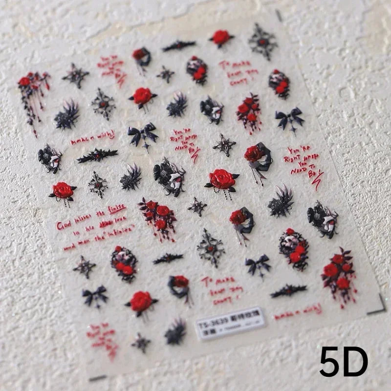 Gothic Dark Spider Butterfly Cross Flame Wings Halloween Horror Rose Flower Rabbit Pumpkin Bear Nail Art Stickers Manicure Decal (ONLINE ORDER ONLY)