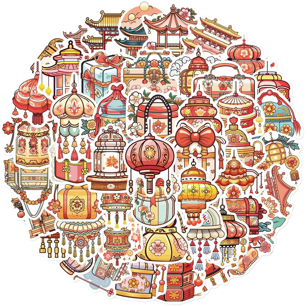 50Pcs Ancient Chinese Traditional Style Small Items Stickers Artifacts For Notebook Diary Material Phone Case Suitcase Decals (ONLINE ORDER ONLY)