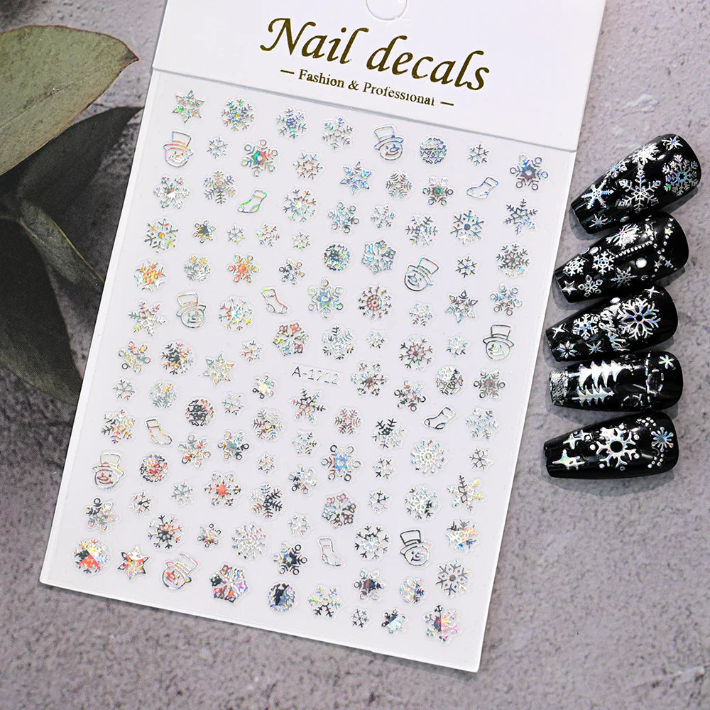 3D Gold Glitter Snowflake Nail Sticker Winter Reflective Elk Star Balloon Christmas Tree Foil Xmas New Year Decal Tips Decoratio (ONLINE ORDER ONLY)