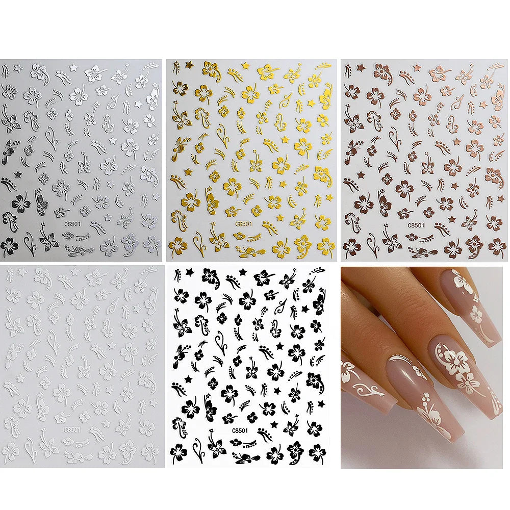 5/8Pcs 3D Hawaiian Flowers Nail Art Stickers Summer Decors with Tropical Leaves Slider Vibrant Pink & White Flowers for Parties* (ONLINE ORDER ONLY)
