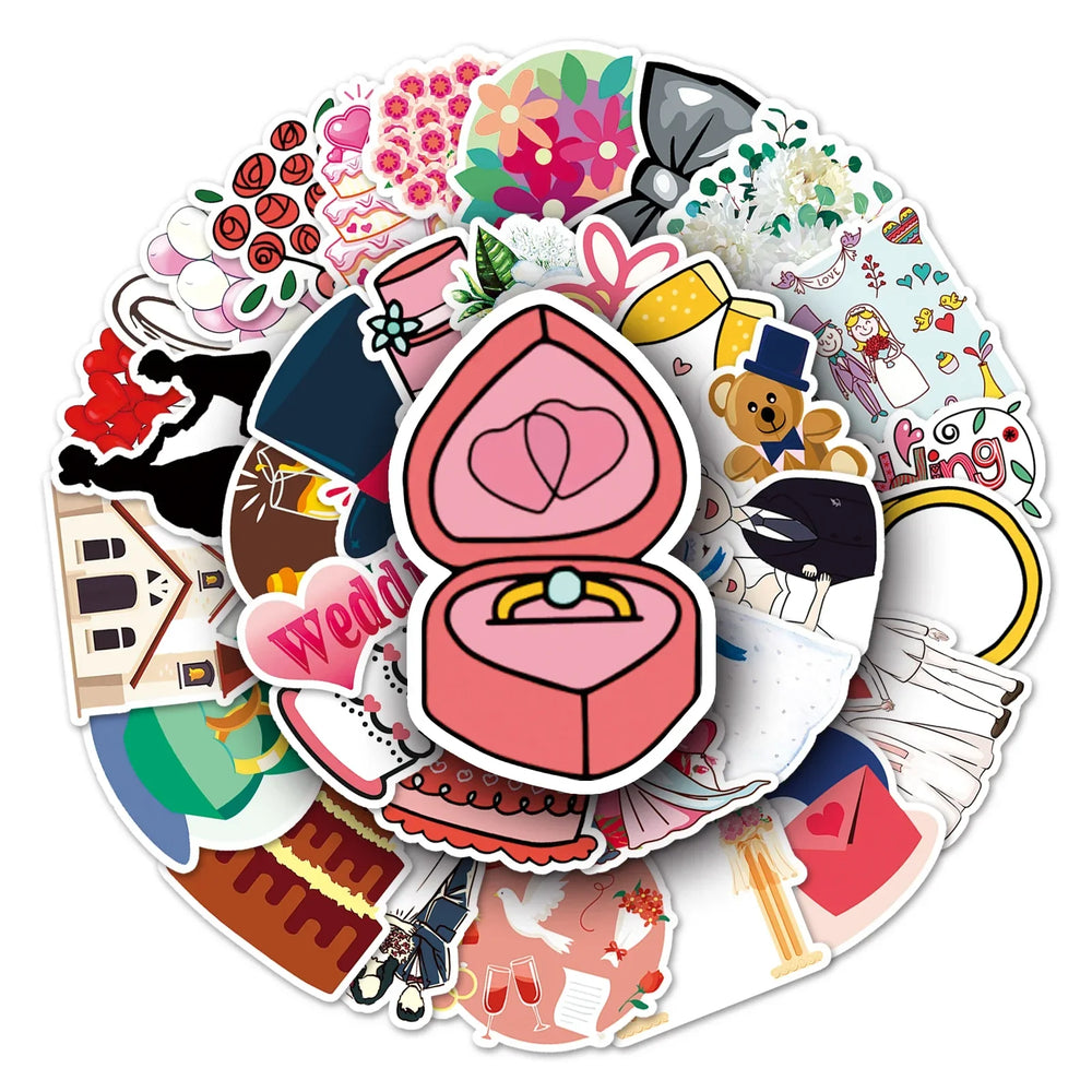 50Pcs Wedding Celebration Cartoon Waterproof Vinyl Stickers (Online Order Only)