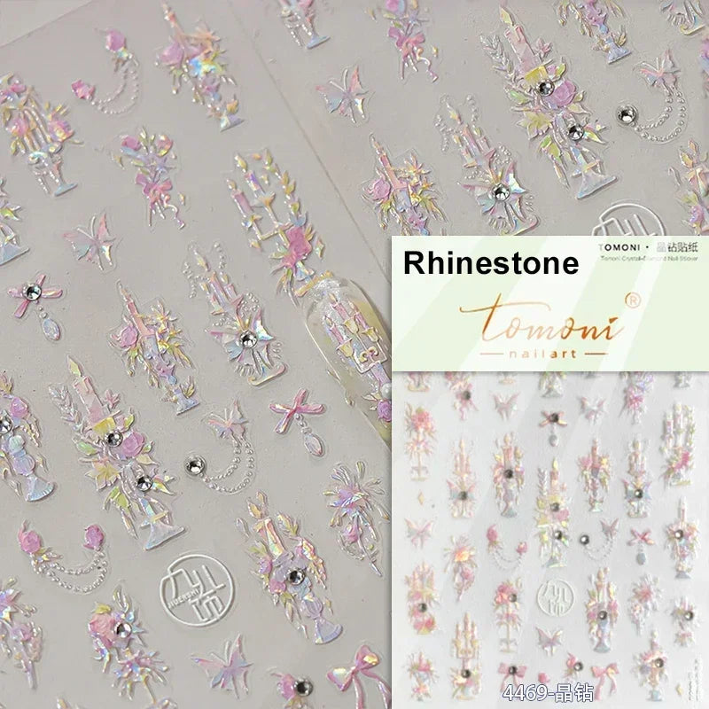 Romantic Candle Holder Lace Rambler Rose Pink Flower Bowknot Candlestick Ribbon Adhesive Nail Art Stickers Shiny Manicure Decals (ONLINE ORDER ONLY)