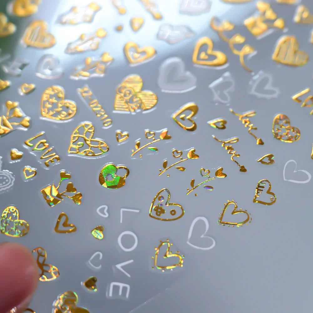 12pcs 3D Golden Glitter Heart Love Nail Stickers Valentine Self Adhesive Cute Cartoon Decal Geometry Slider Manicure Decoration* (ONLINE ORDER ONLY)
