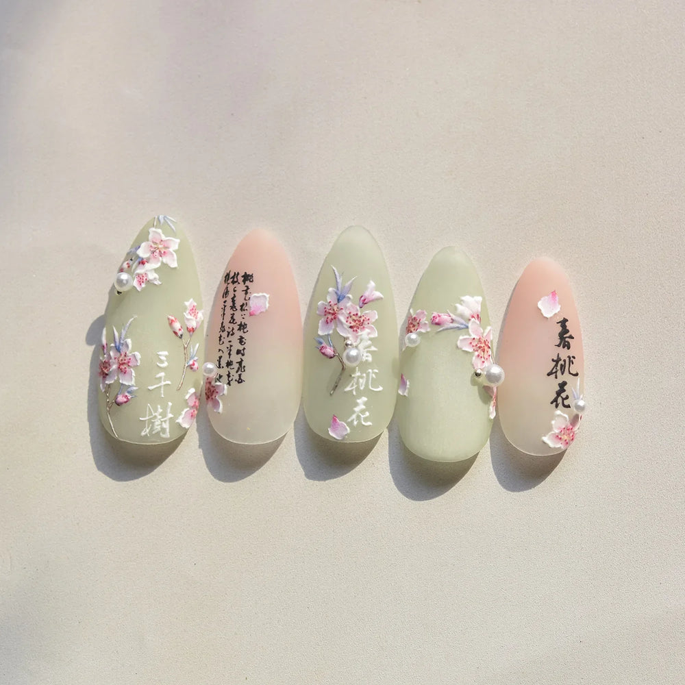 Spring Living Peach Blossom Flower Branch Petal Antique Soft Relief Adhesive Chinese Characters Nail Art Sticker Manicure Decals (ONLINE ORDER ONLY)