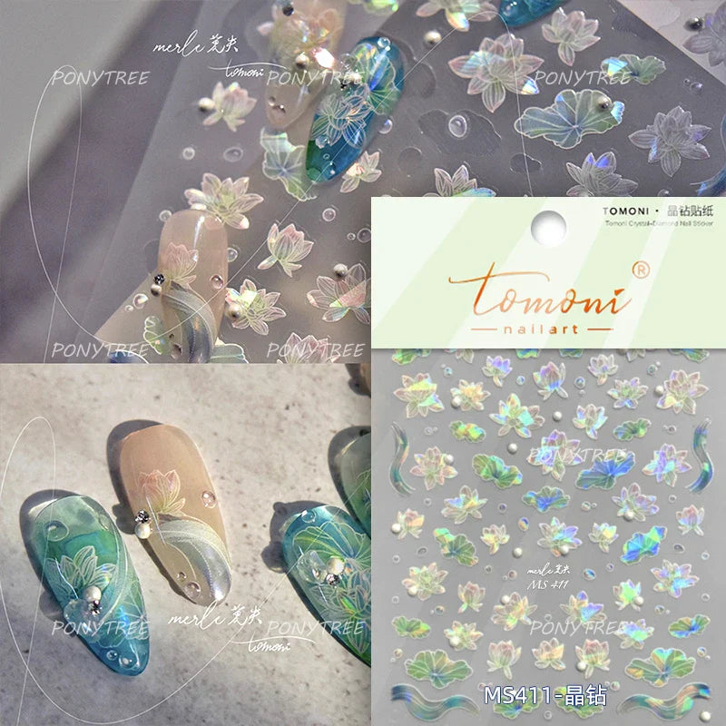 Orchid Daisy Chrysanthemum Peach Blossom Lotus Flower Vase Floral Art Fan Wintersweet Adhesive Nail Art Stickers Manicure Decals (Online Order Only)