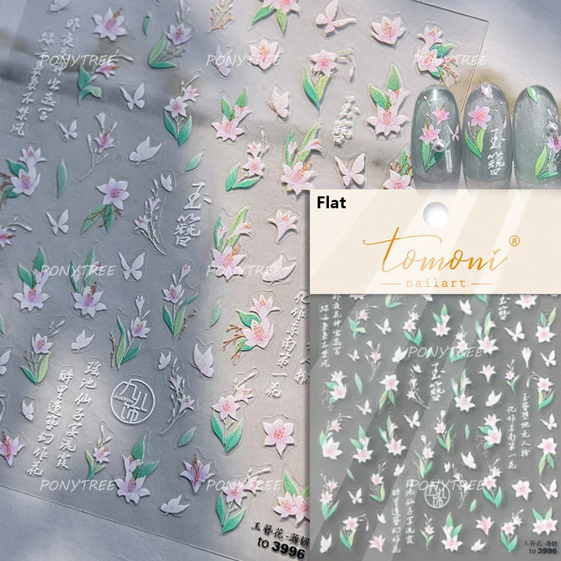 Mountain Flower Peach Blossom Vibrant Flowers Green Leaves Antique Chic Self Adhesive Nail Art Stickers Spring 3D Manicure Decal (ONLINE ORDER ONLY)