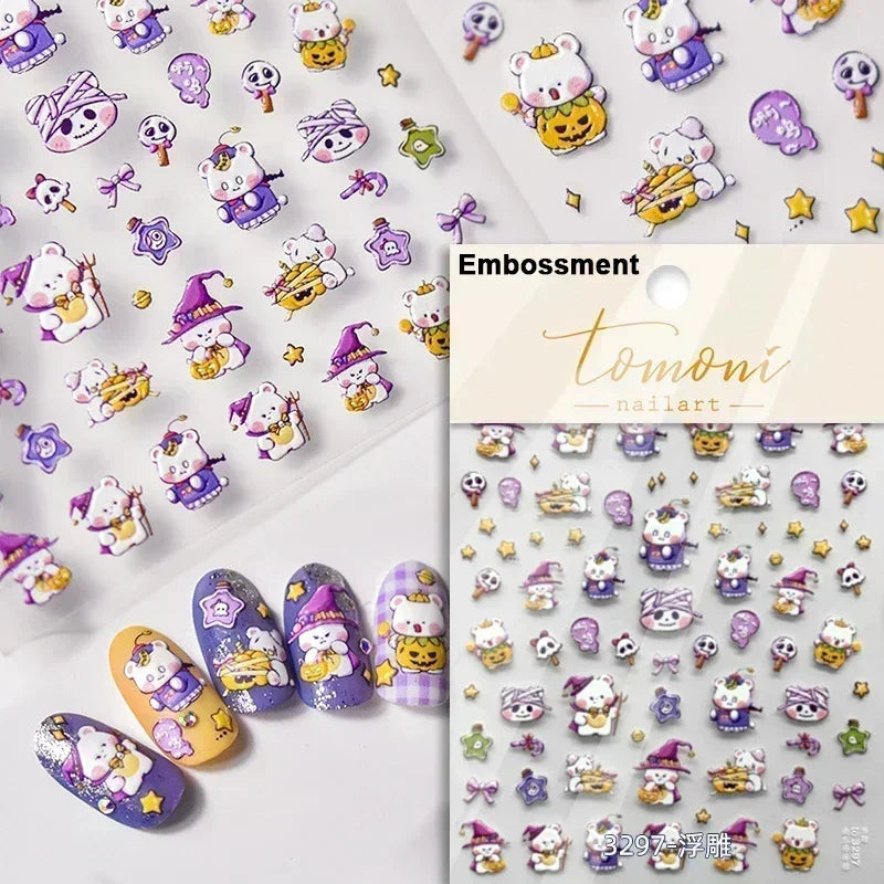 Cat Eye Halloween Terror Spider Cross Rose Love Heart Flower Snake Web Candy Bunny Thrilling Nail Art Stickers Manicure Decals (Online Order Only)