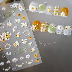White Daisy Sunflower Green Leaves Wreath Garland Flower Cluster Bouquet Flat Adhesive Nail Art Sticker Manicure Decals Supplies (Online Order Only)