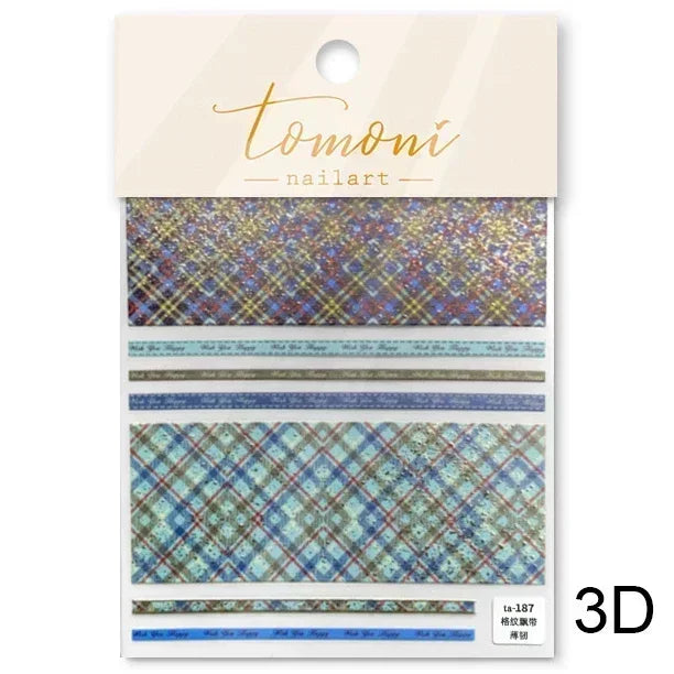 Geometric French Style Colorful Square Grid Rhombus Line Stripe Bowknot 3D Self Adhesive Nail Art Stickers Shiny Manicure Decals (ONLINE ORDER ONLY)