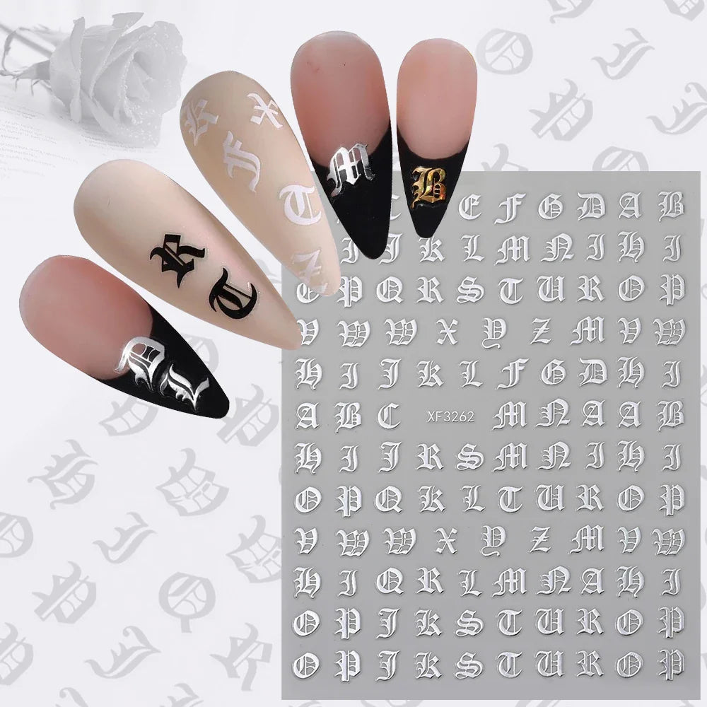 8pcs Gothic Alphabet Design Nail Art Stickers Retro English Letter Nail Art Stickers 3D Self-Adhesive Designs Nail Art Supplies* (Online Order Only)