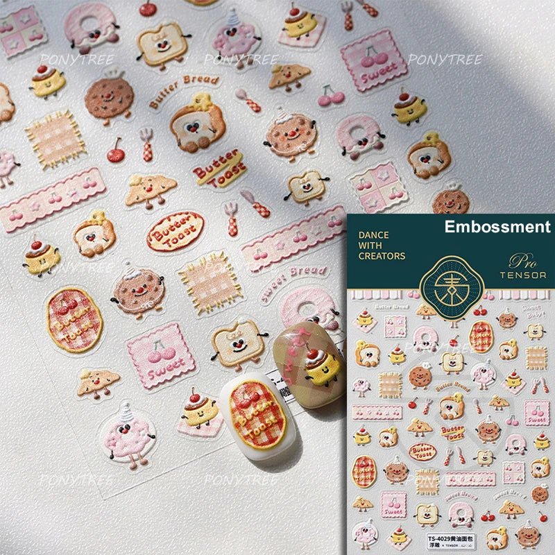 Toast Butter Brioche Bread Dim Sum Cookie Cherry Pudding Food Fork Doughnut Relief Adhesive Nail Art Stickers Manicure Decals (ONLINE ORDER ONLY)