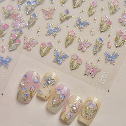 Delicate Dreamy Petal Star Tulip Flower Purple Bowknot Butterfly Illusion Chic Relief Adhesive Nail Art Stickers Manicure Decals (Online Order Only)