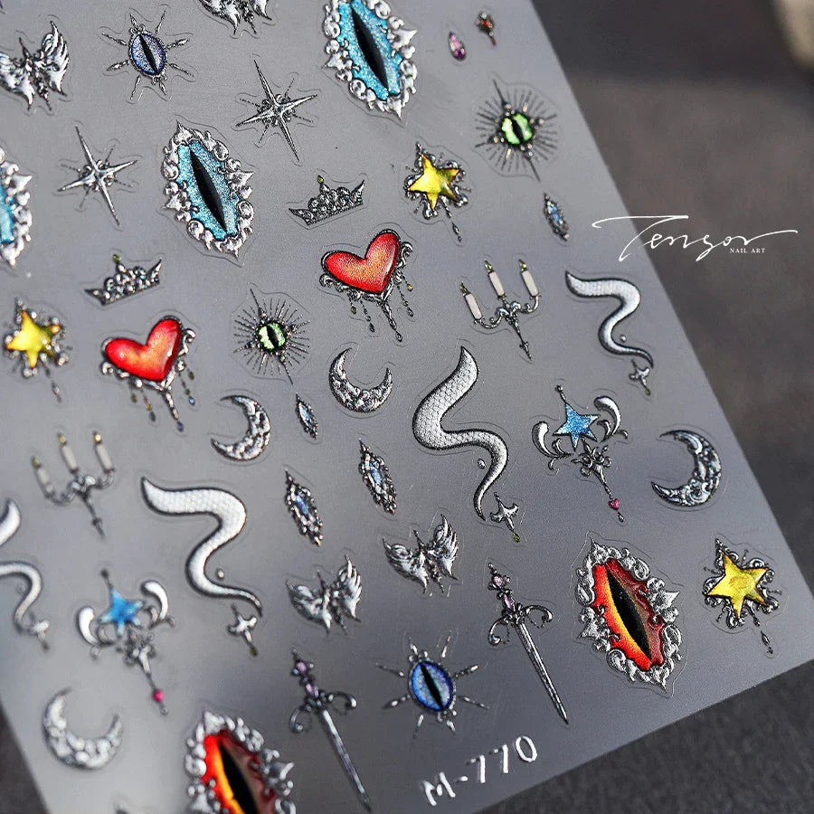 Glitter Star Snake Moon Darkness Eye Love Heart Crown Sword Self Adhesive Nail Art Stickers Punk Jelly Angel Wing Manicure Decal (ONLINE ORDER ONLY)