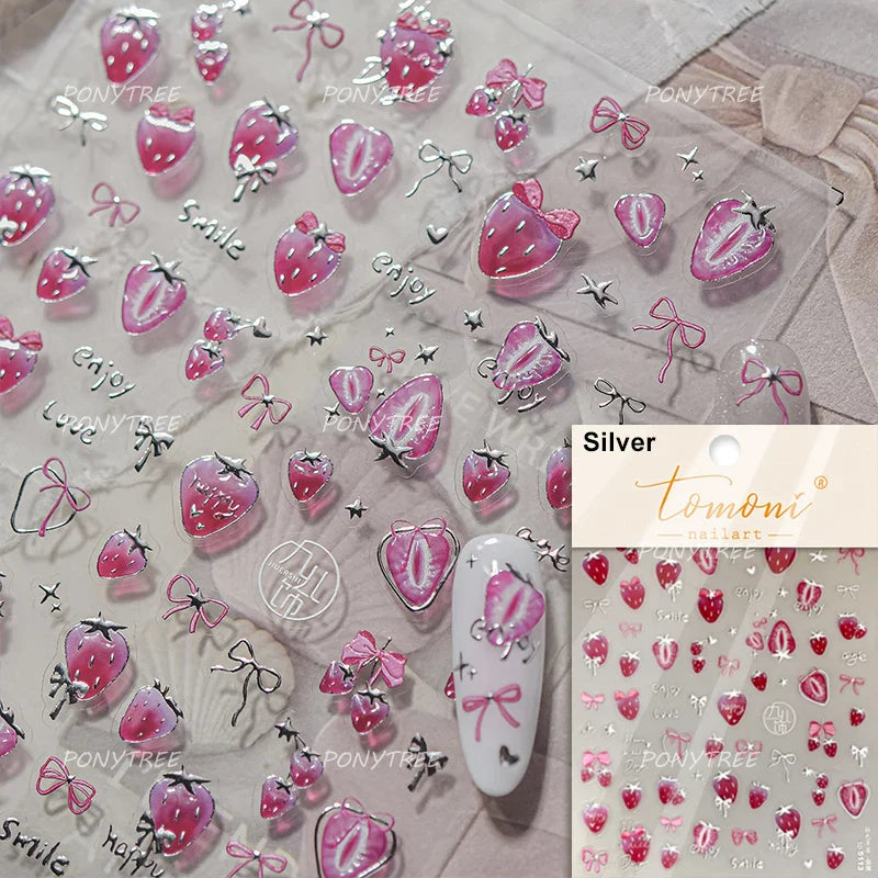 Cute Pink Tempting Strawberries Attractive Fruit Cutting Line Bowknot Star Silver Stamping Chic Nail Art Stickers Manicure Decal (ONLINE ORDER ONLY)