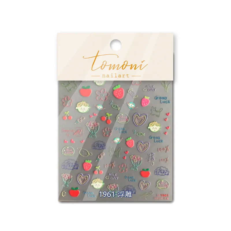 Cute Graffiti Cartoon Line Cherry Bear Cat Flower Bouquet Fish Boys Girls Strawberry Reliefs Nail Art Stickers Manicure Decals (ONLINE ORDER ONLY)