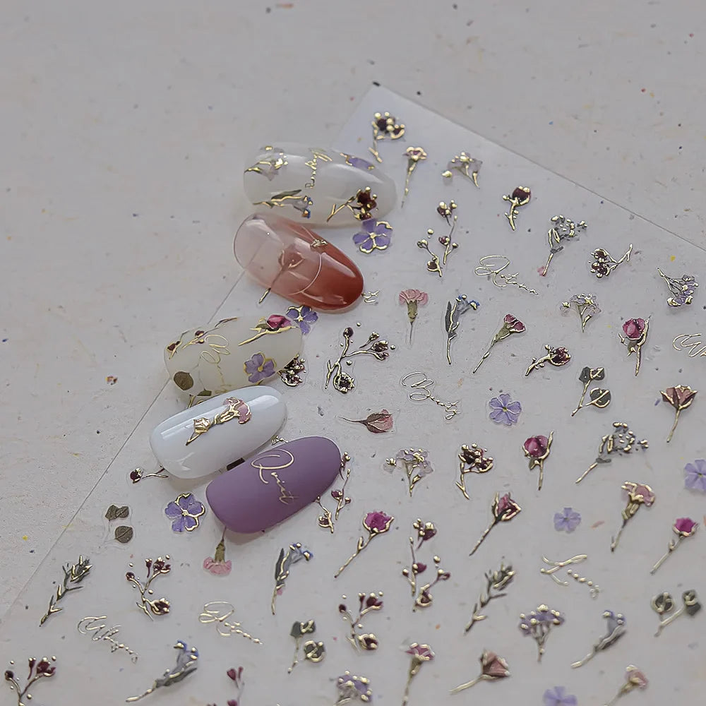 Dried Flowers Rose Butterfly Love Heart Golden Stroke Flying Crane Silver Adhesive Nail Art Stickers Rhinestone Manicure Decals (ONLINE ORDER ONLY)