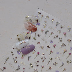 Dried Flowers Rose Butterfly Love Heart Golden Stroke Flying Crane Silver Adhesive Nail Art Stickers Rhinestone Manicure Decals (ONLINE ORDER ONLY)