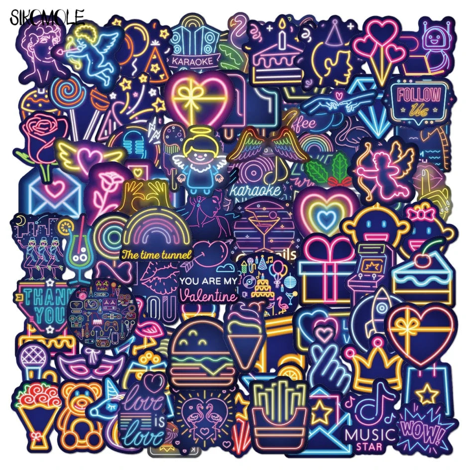 Cartoon Neon Light Stickers for Kids - Car, Guitar, Motorcycle, Luggage, DIY Decal Set (Online Order Only)
