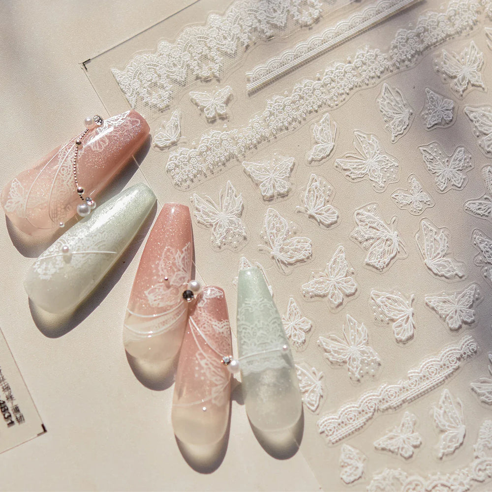 Lace Butterfly Hollow Out Fabric Romantic Flower Pattern Chic Adhesive Nail Art Sticker Rhinestone Manicure Decals Nail Supplies (ONLINE ORDER ONLY)
