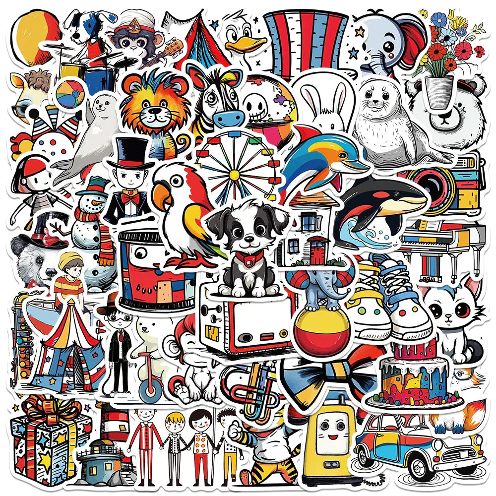 50pcs Funny Cute Cartoon Circus Stickers Kids Toy For Luggage Guitar Phone Laptop DIY Waterproof Graffiti Vinyl Decals (ONLINE ORDER ONLY)