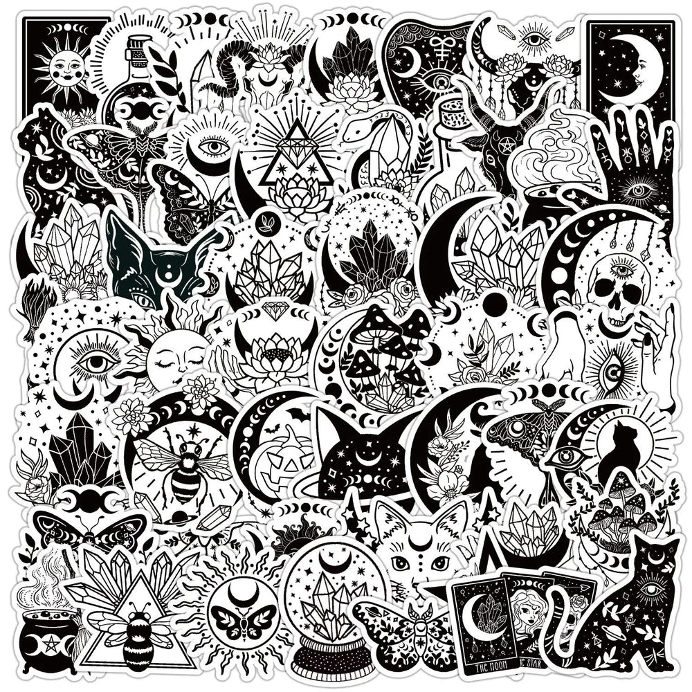 10/50PCS Black White Gothic Magic Witch Cartoon Stickers Halloween Tarot Goth Decals DIY Phone Laptop Luggage Skateboard Sticker (ONLINE ORDER ONLY)