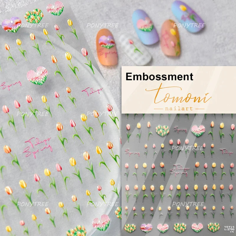 Cute  Pink Blue Nature Tulip Star Heart Butterfly Peach Blossom Jelly Embossed Relief Adhesive Nail Art Stickers Manicure Decals (ONLINE ORDER ONLY)